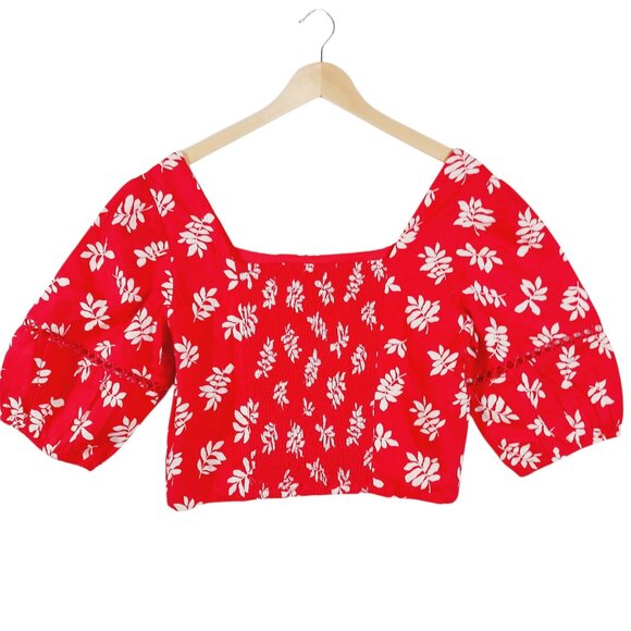 Ann Taylor, Top, Red with White Leaf Print, Square Neck, Puffed Sleeves, Size 8 - Picture 1 of 15